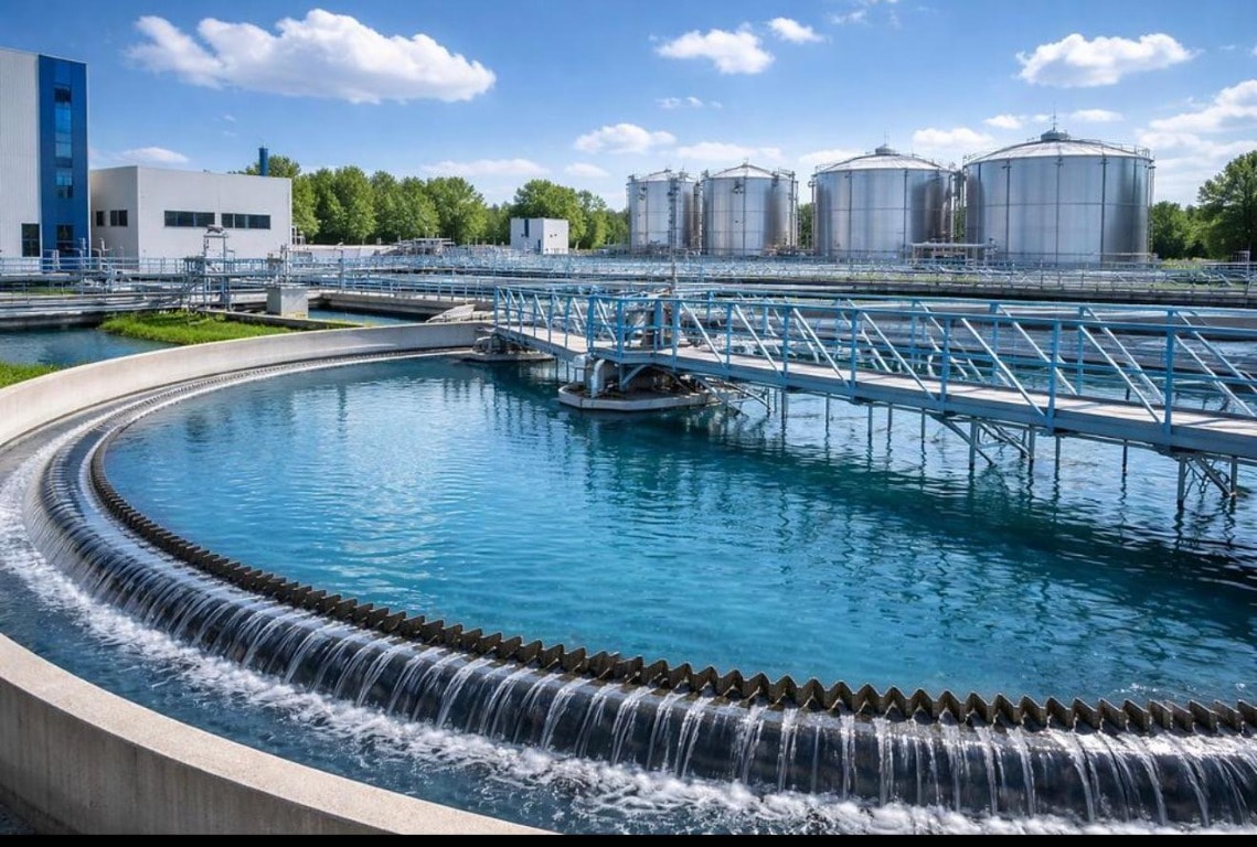 Water treatment plant with settling basins and processing tanks