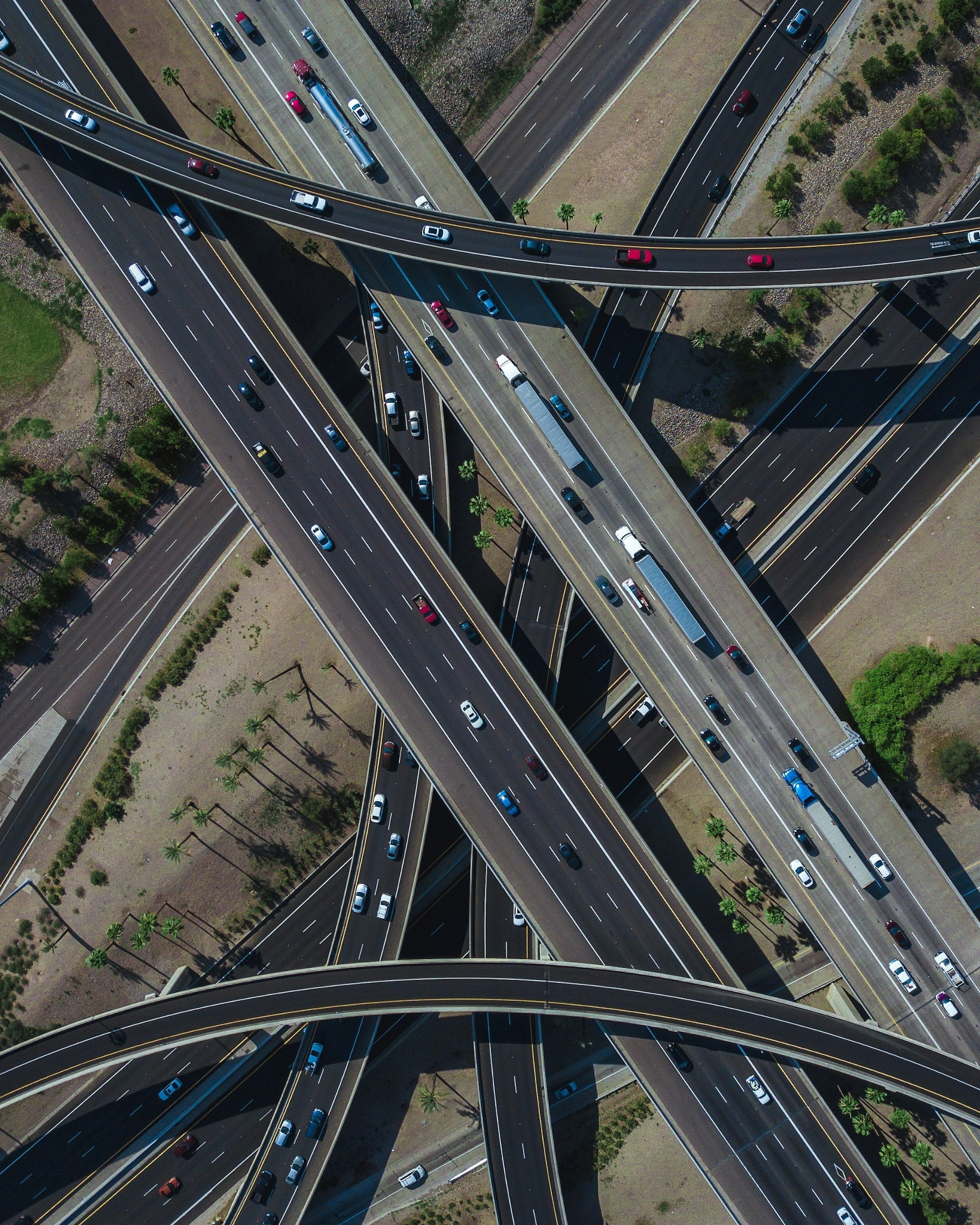 Aerial view of a multi-level highway interchange
