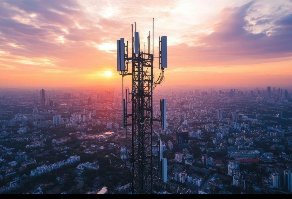 Telecommunications tower overlooking a city at sunset
